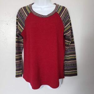 Chris & Carol Large Red Long Sleeve Sweater Shirt Fair Isle Pattern Raglan Top